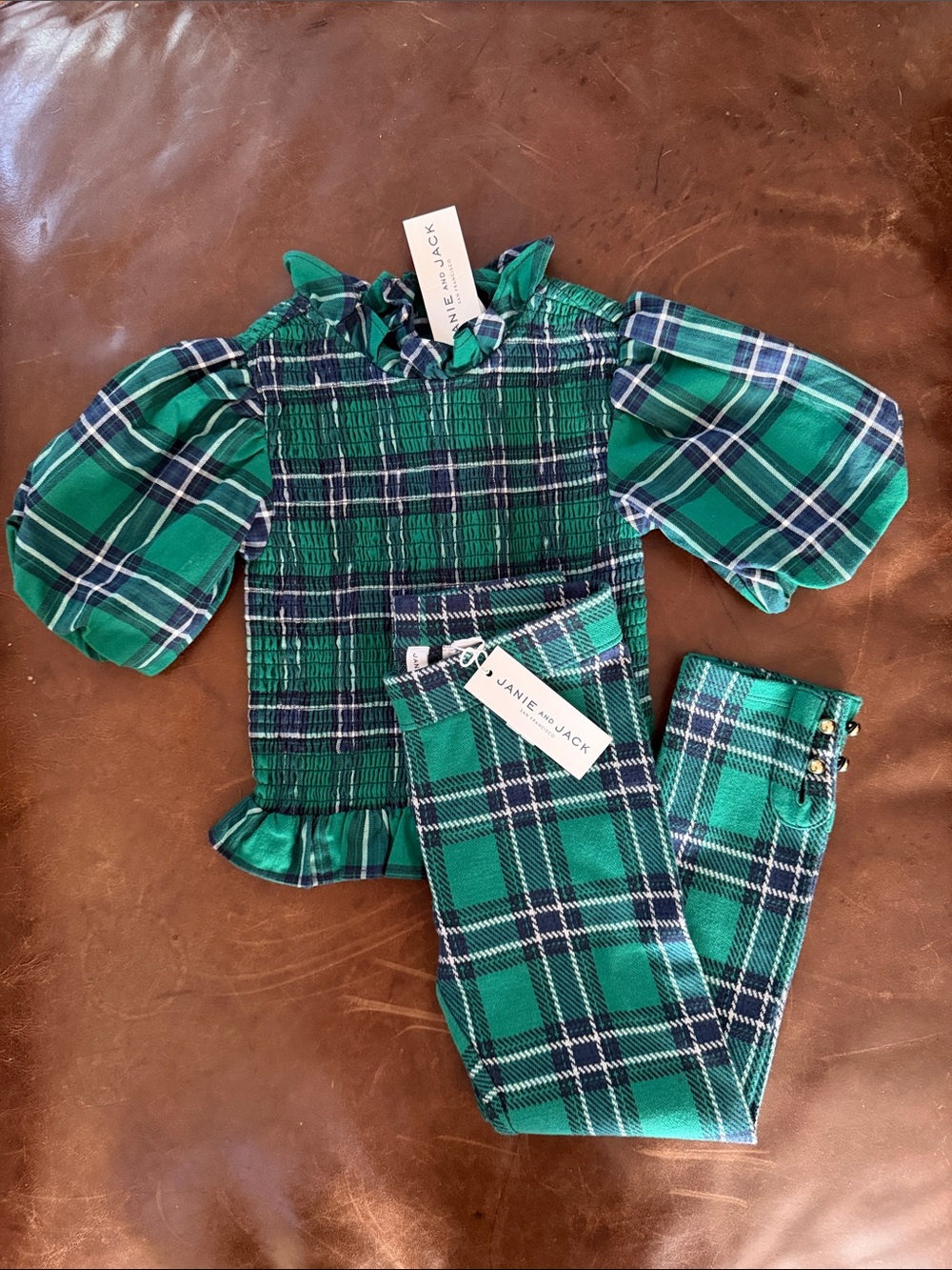 Janie and Jack Green Plaid Smocked Top & Tapered Pants